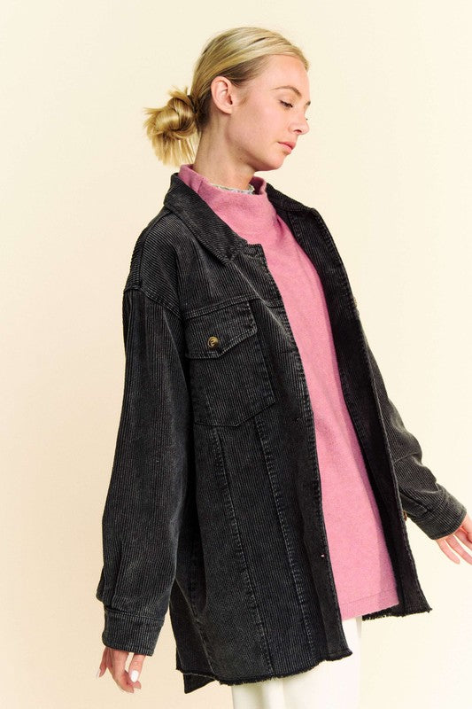 Davi & Dani Washed Corduroy Raw Hem Button Up Jacket