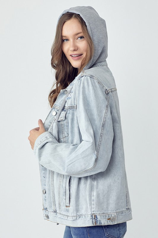 RISEN Full Size Distressed Drawstring Hooded Denim Jacket