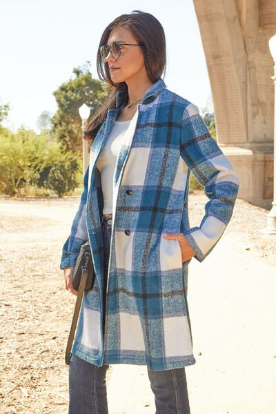 Double Take Full Size Plaid Button Up Lapel Collar Coat